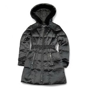 Y2K bebe Down Puffer Fur Hooded Studded Shoulder Belted Coat Jacket